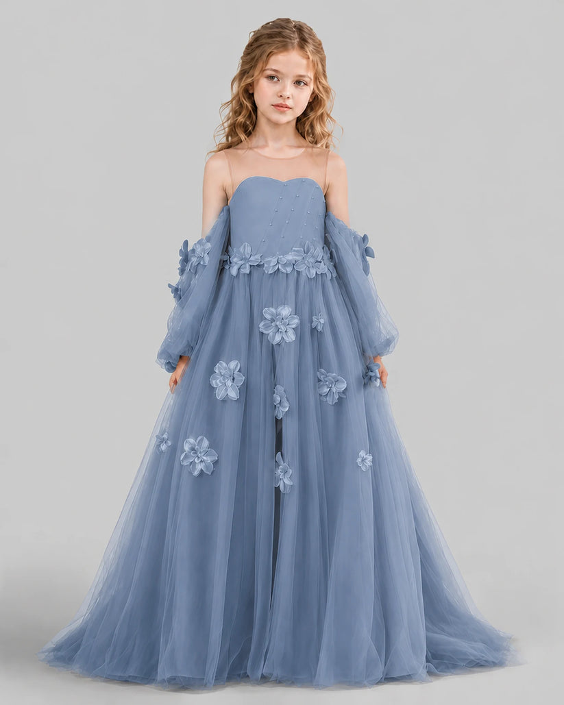 Dusty Blue A-line Girls Pageant Dresses Front