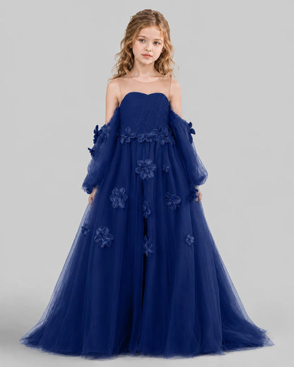 Navy Blue A-line Girls Pageant Dresses Front