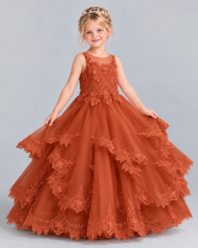 Burnt Orange Ball Gown Girls Formal Dress Front