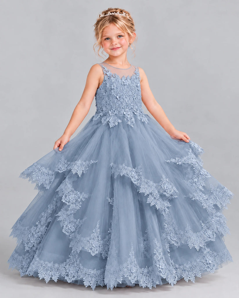 Dusty Blue Ball Gown Girls Formal Dress Front