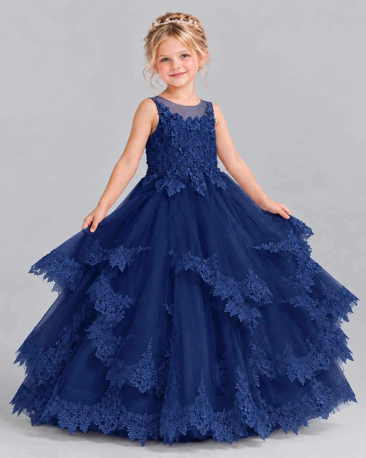 Navy Blue Ball Gown Girls Formal Dress Front