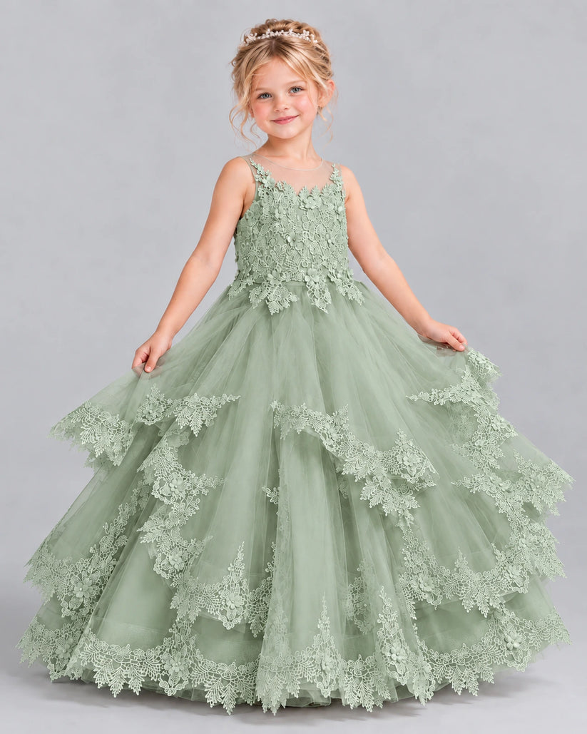 Sage Green Ball Gown Girls Formal Dress Front