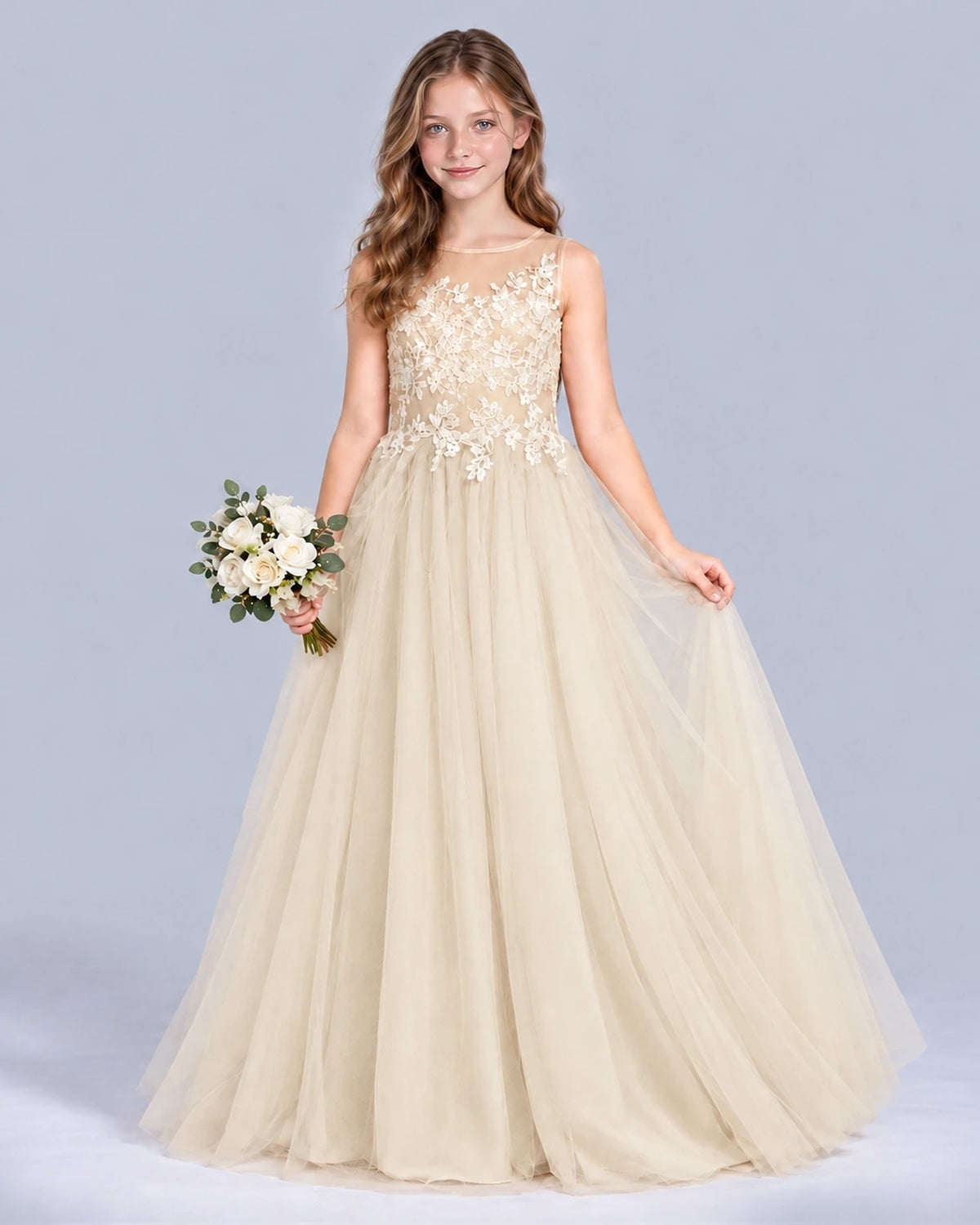 Champagne A-line Girls Formal Dress Front