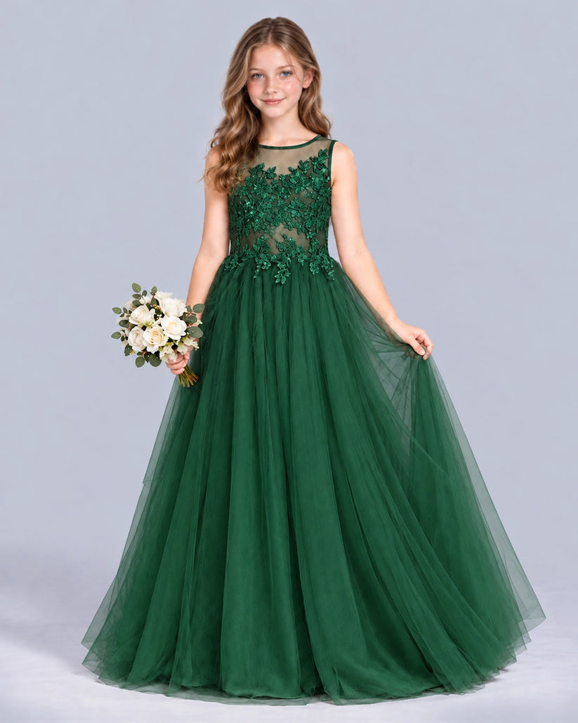 Dark Green A-line Girls Formal Dress Front