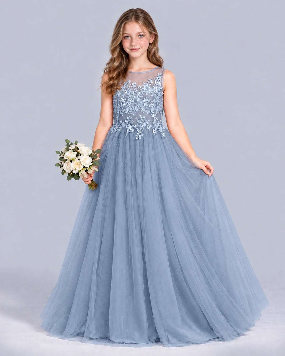 Dusty Blue A-line Girls Formal Dress Front