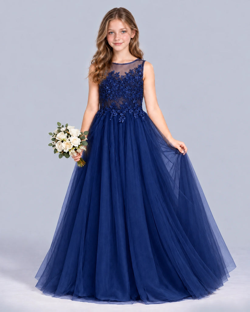 Navy Blue A-line Girls Formal Dress Front