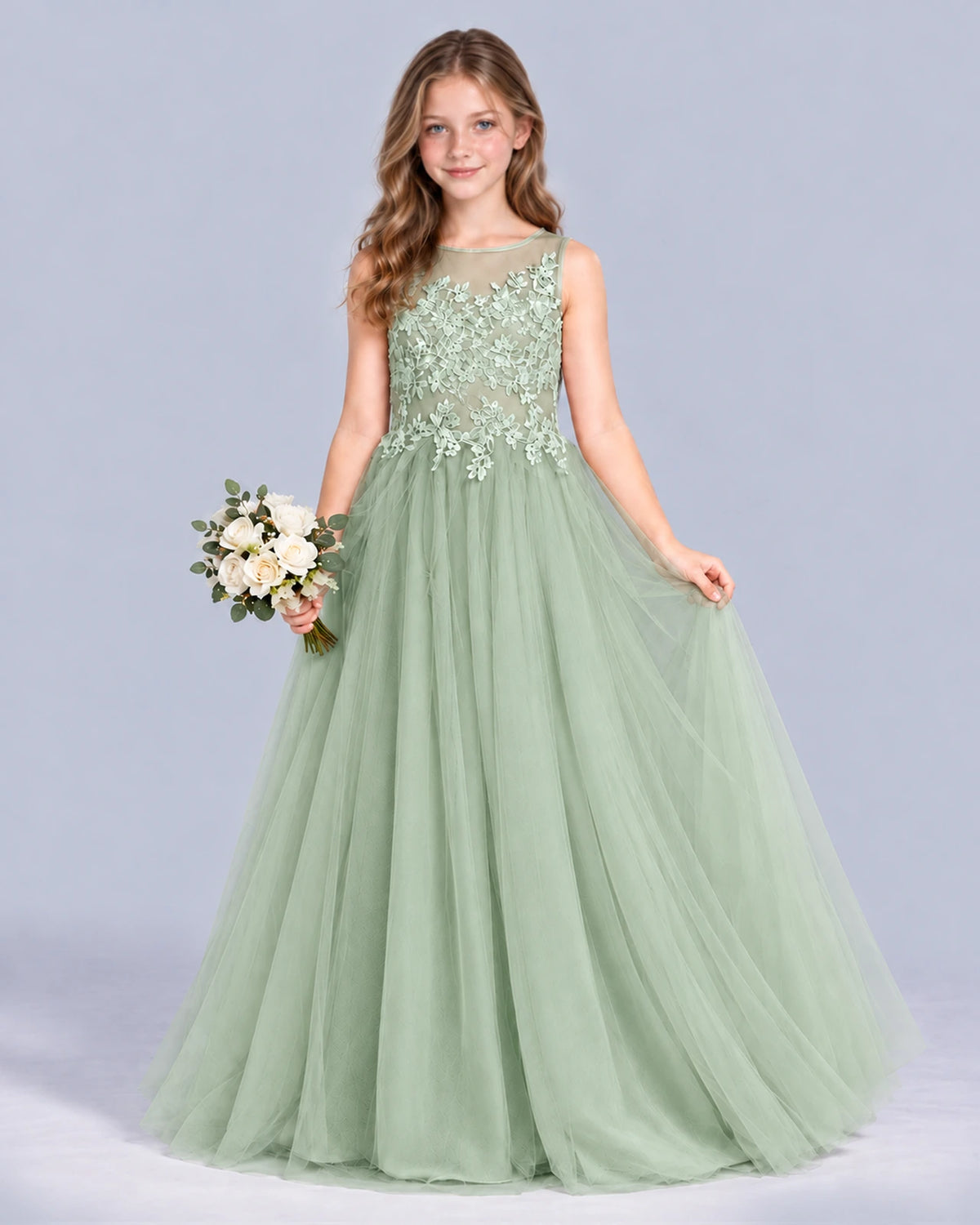 Sage Green A-line Girls Formal Dress Front