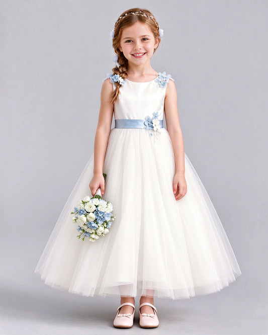 Dusty Blue Ball Gown Flower Girl Dress Front