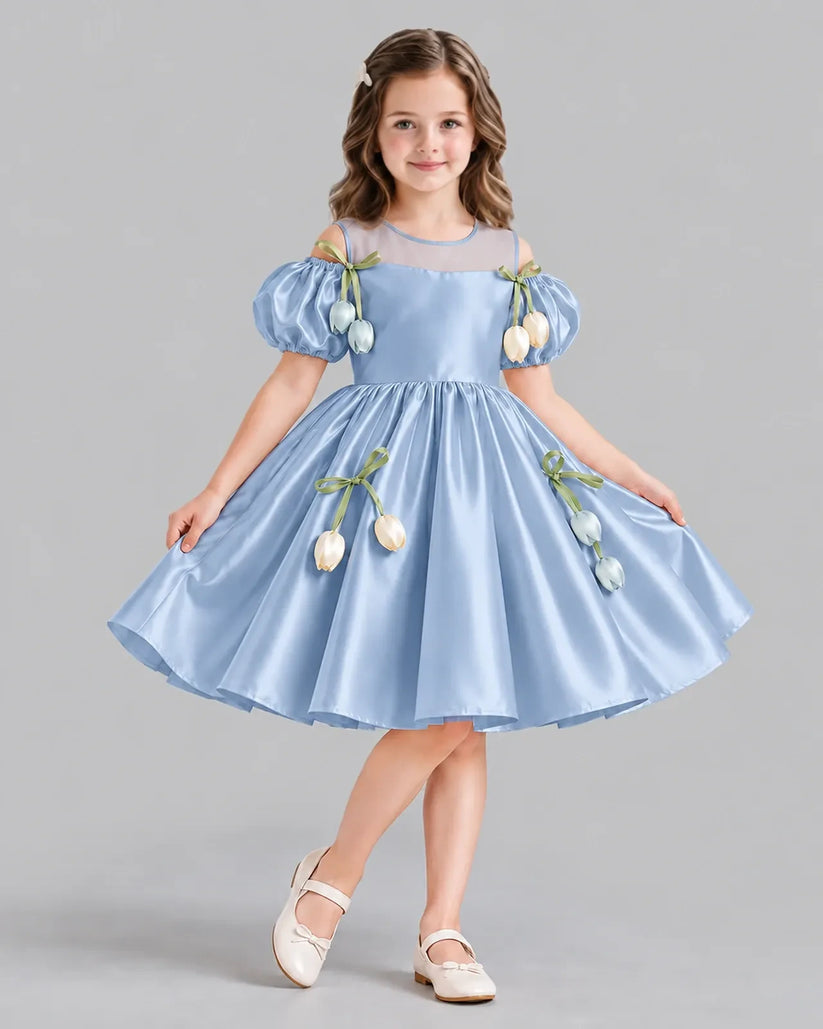 Dusty Blue A-line Flower Girl Dress Front