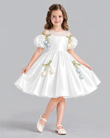 Dideyttawl Puff Sleeve Bow Flower Girl Dress for Wedding Ceremonies