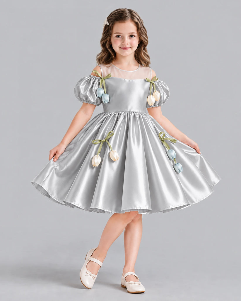 Silver A-line Flower Girl Dress Front