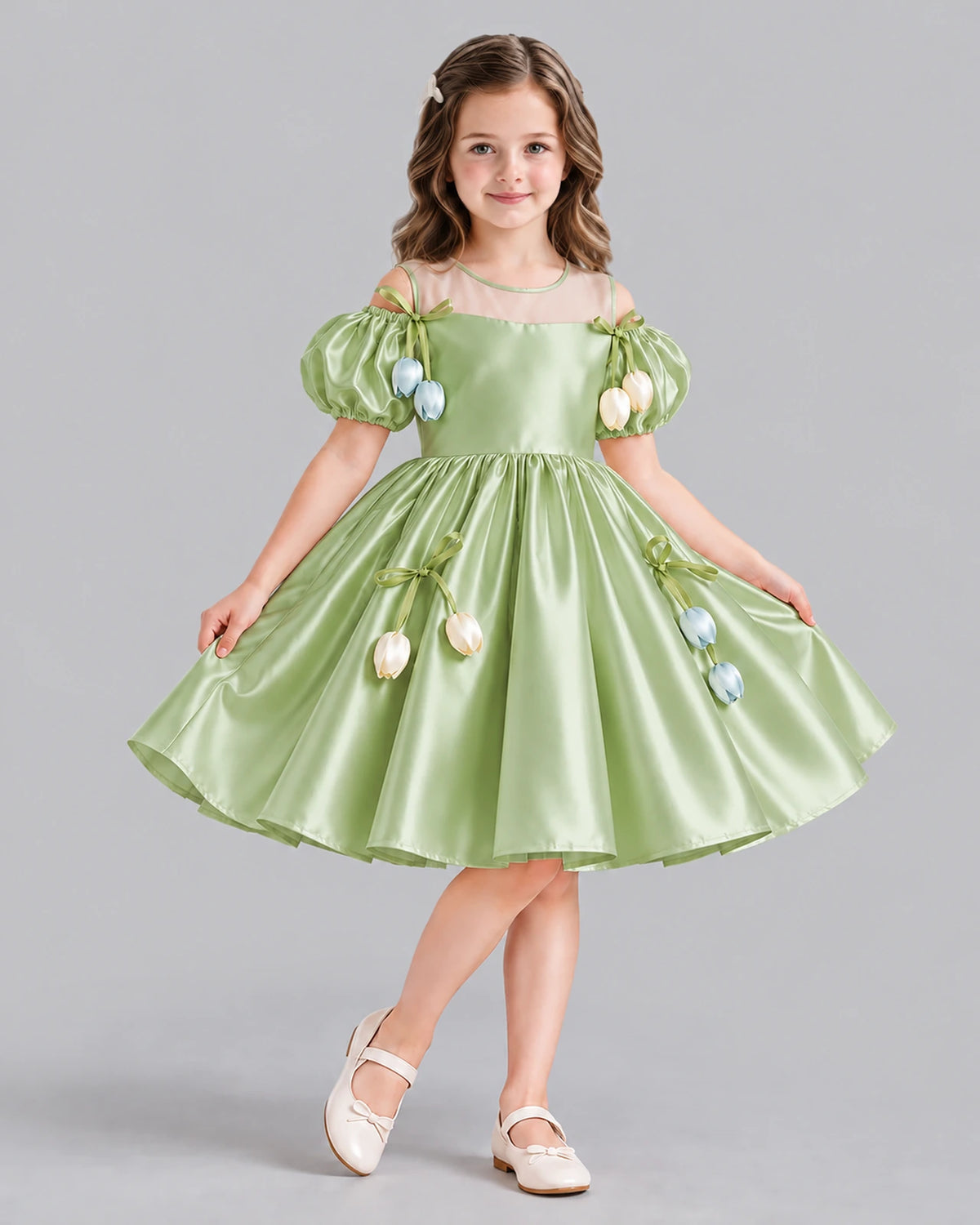 Sage Green A-line Flower Girl Dress Front