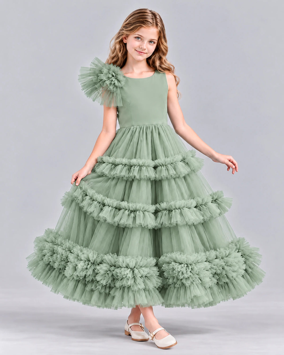 Sage Green Ball Gown Girls Formal Dress Front