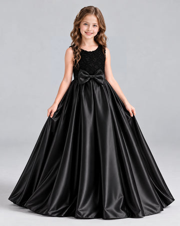 Dideyttawl Satin Bodice Bow Girls Formal Dress for Piano Recital