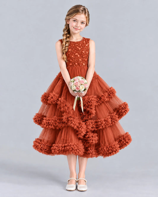 Burnt Orange Ball Gown Girls Formal Dress Front