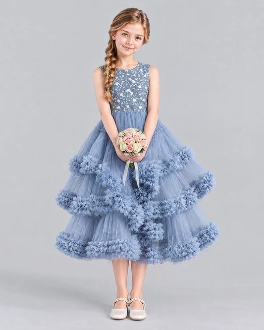 Dusty Blue Ball Gown Girls Formal Dress Front