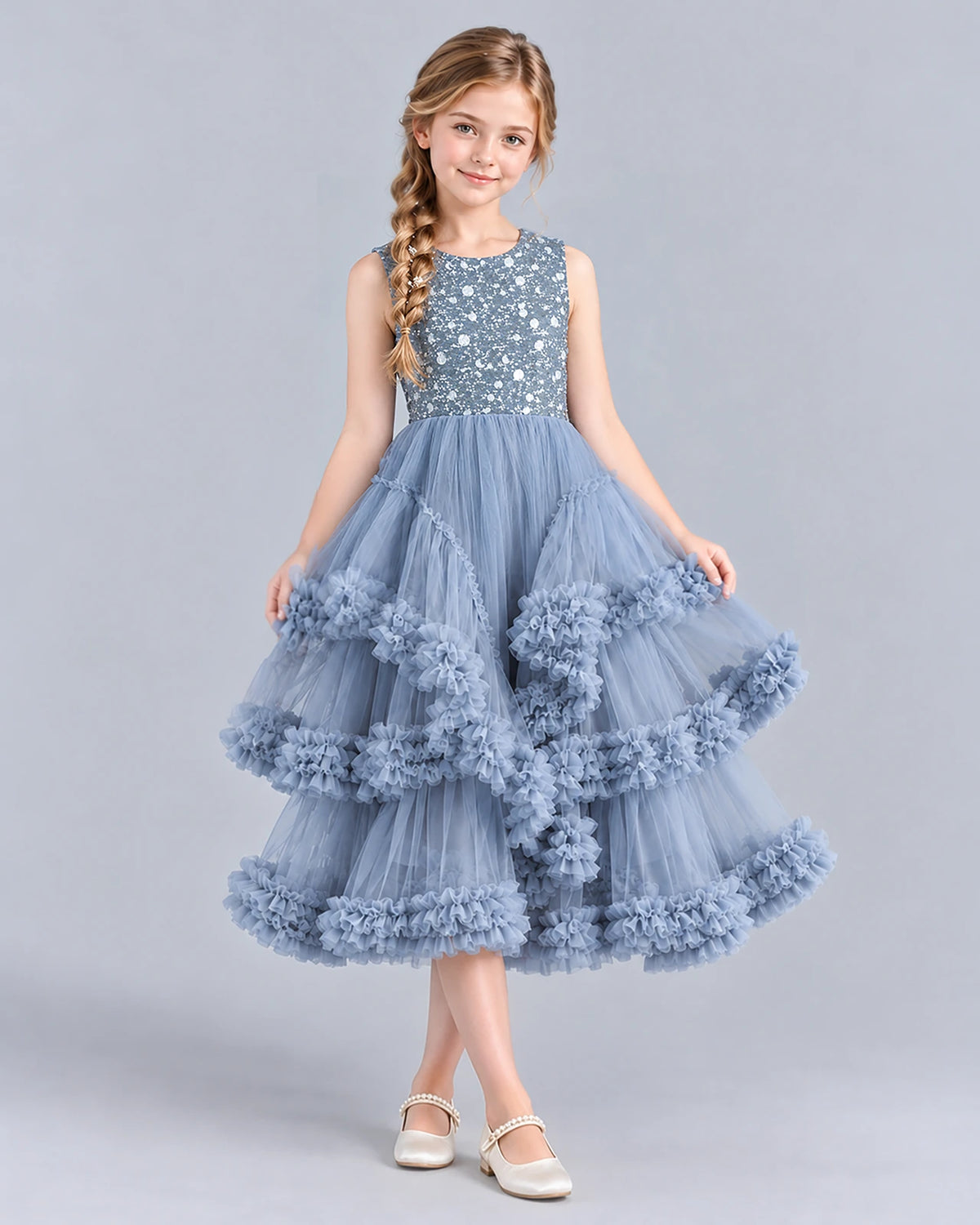 Dusty Blue Ball Gown Girls Formal Dress Pose [Shared]