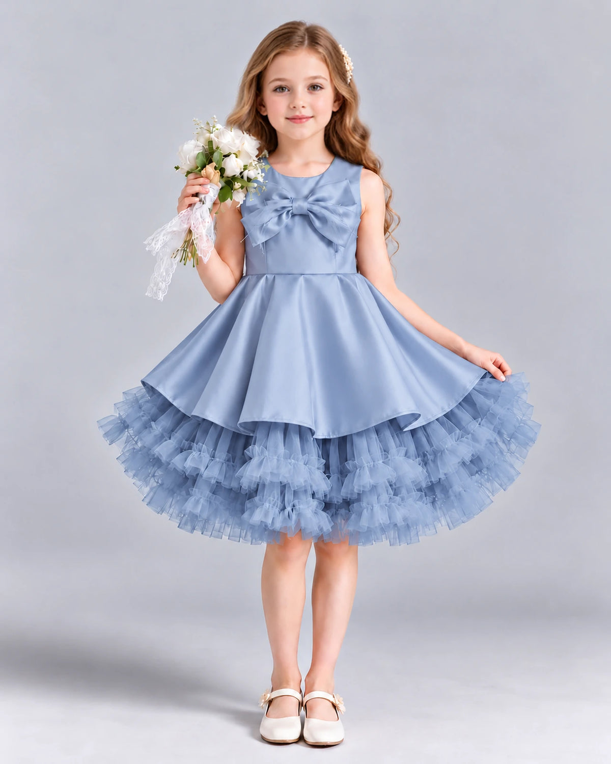 Dusty Blue Ball Gown Girls Formal Dress Front
