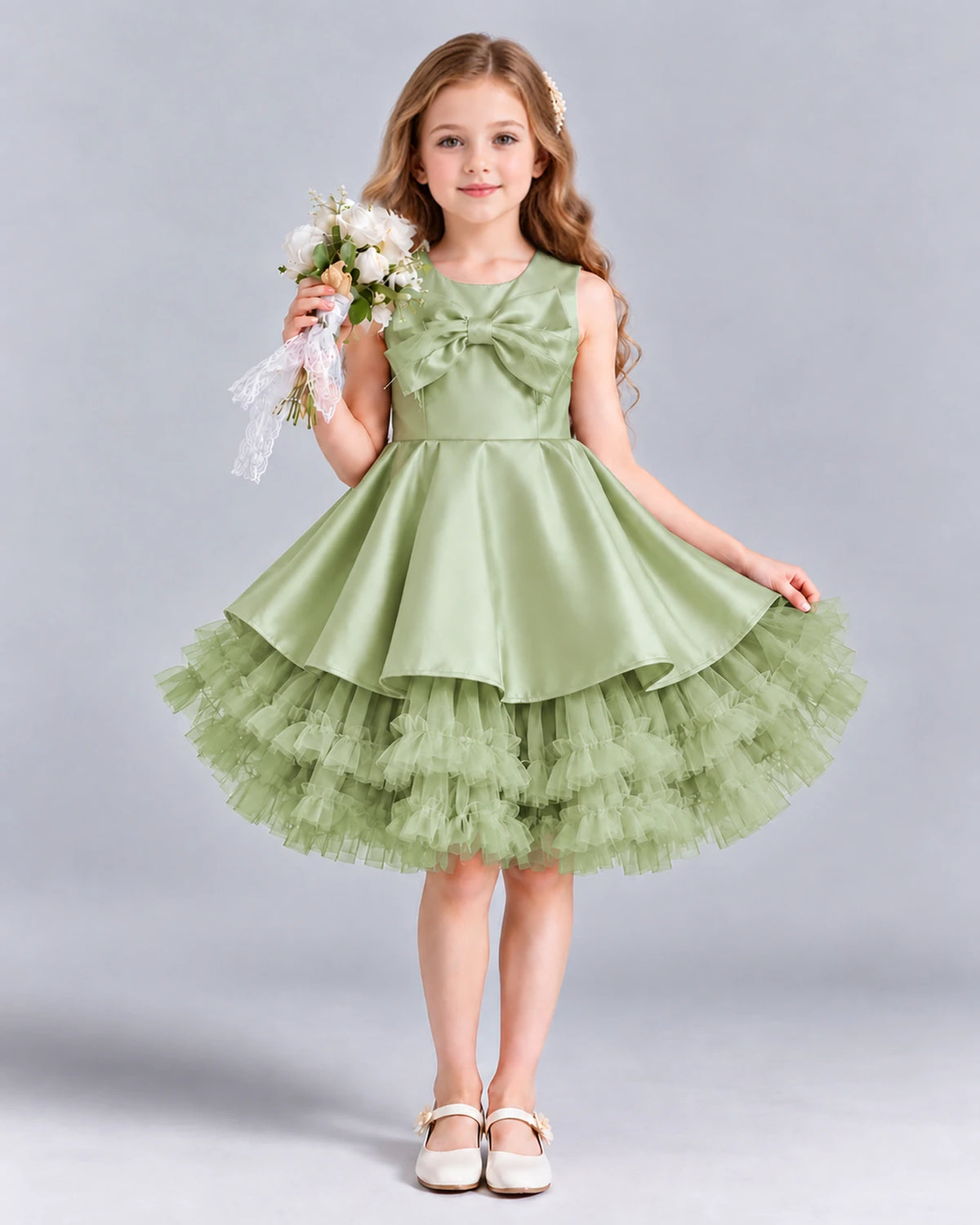 Sage Green Ball Gown Girls Formal Dress Front