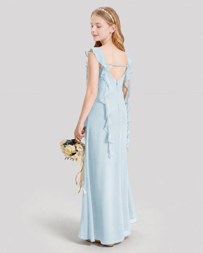 Dideyttawl Ruffle Shoulder Chiffon Junior Bridesmaid Dress