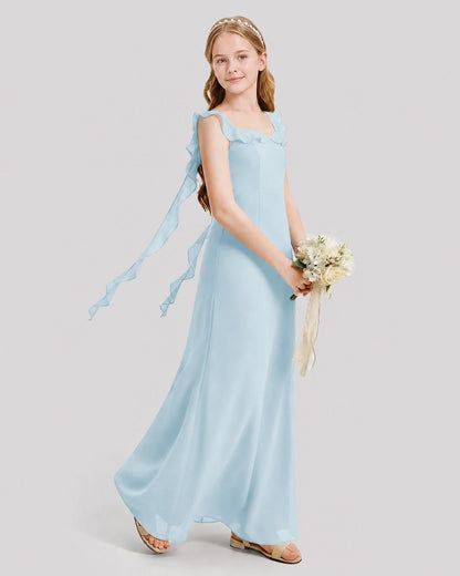 Dideyttawl Ruffle Shoulder Chiffon Junior Bridesmaid Dress
