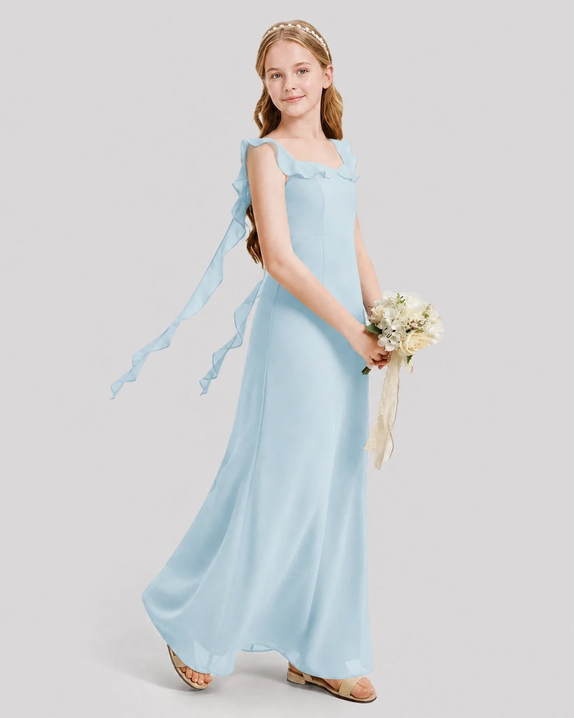 Baby Blue Chiffon Ruffled Strap Junior Bridesmaid Dresses Side View