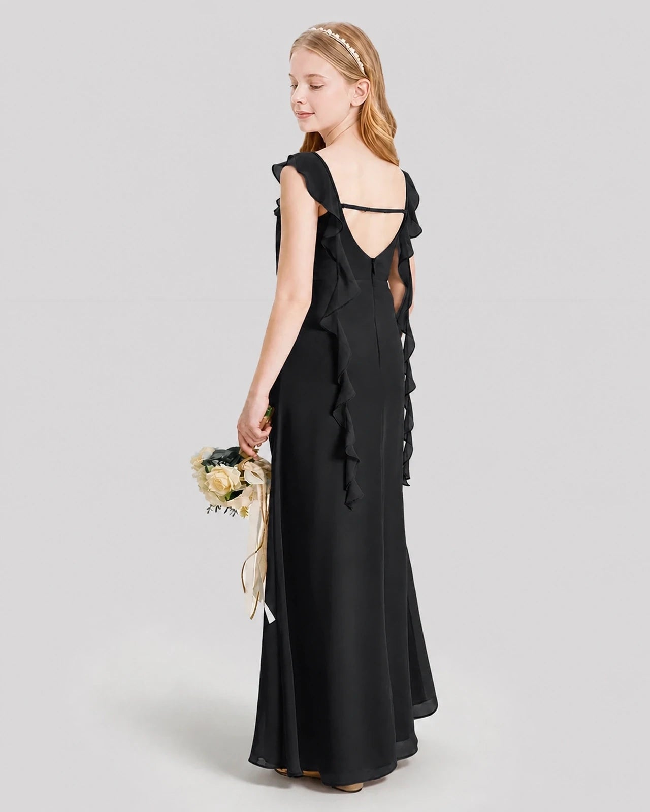 Dideyttawl Ruffle Shoulder Chiffon Junior Bridesmaid Dress
