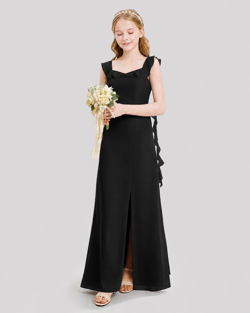Black chiffon ruffled square-neck junior bridesmaid dress, front view