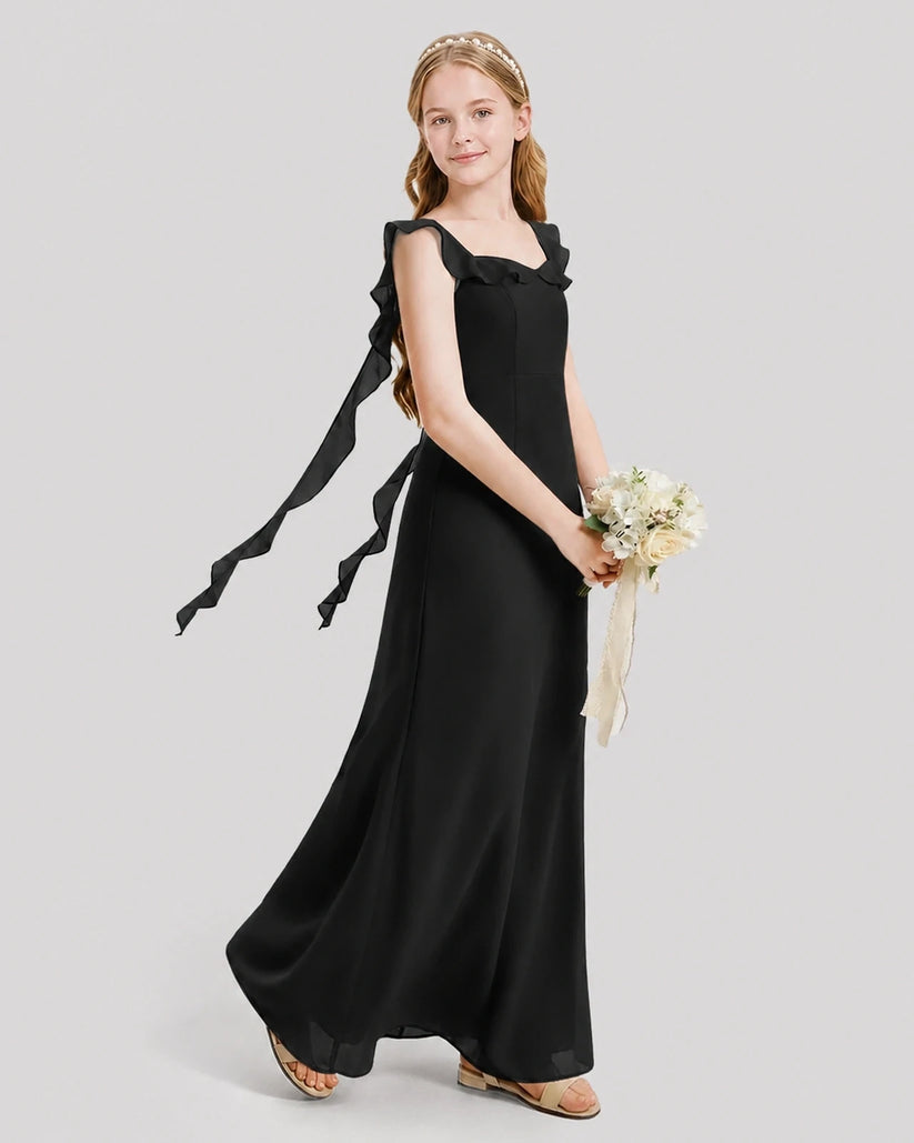 Black Chiffon A-Line Junior Bridesmaid Dresses Side View