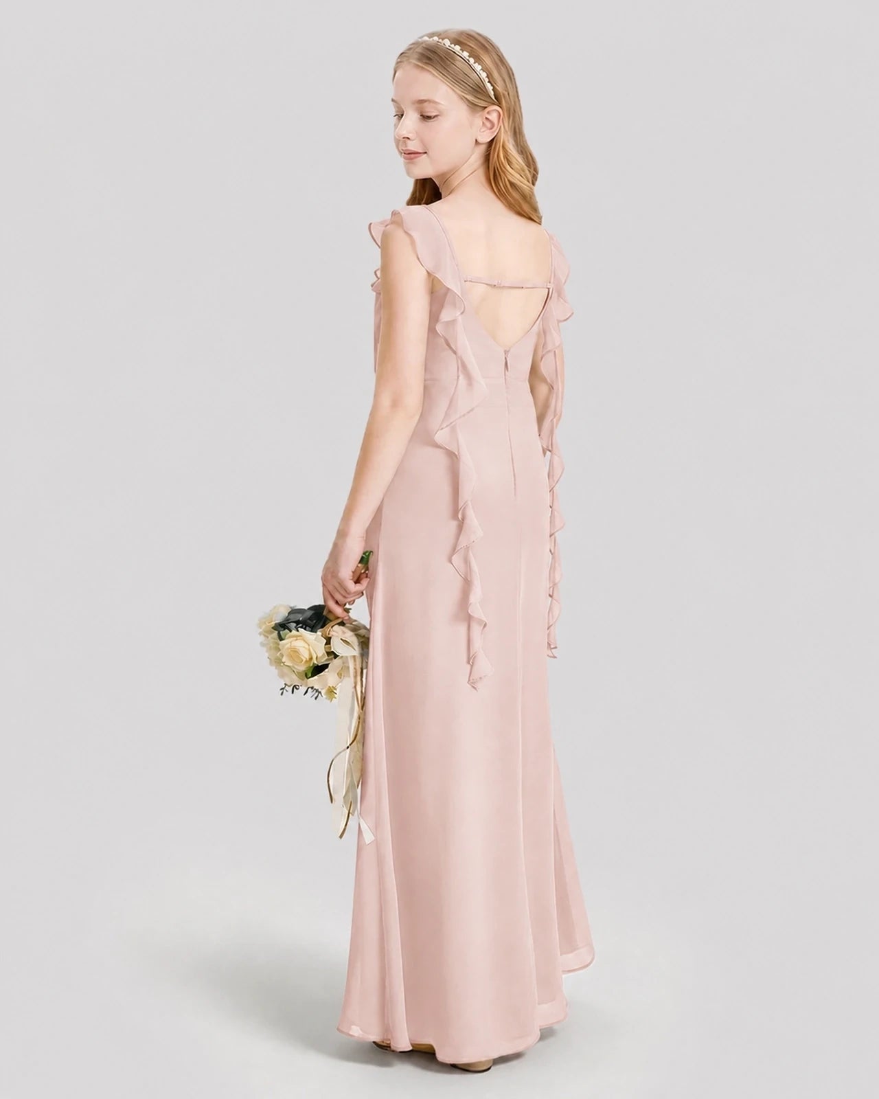Dideyttawl Ruffle Shoulder Chiffon Junior Bridesmaid Dress
