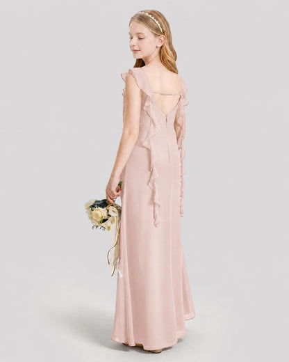 Dideyttawl Ruffle Shoulder Chiffon Junior Bridesmaid Dress