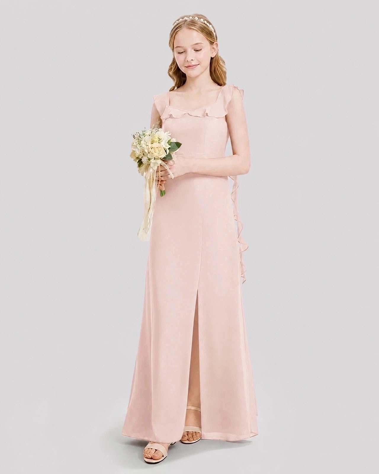 Dideyttawl Ruffle Shoulder Chiffon Junior Bridesmaid Dress