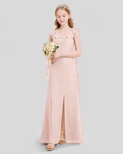 Dideyttawl Ruffle Shoulder Chiffon Junior Bridesmaid Dress