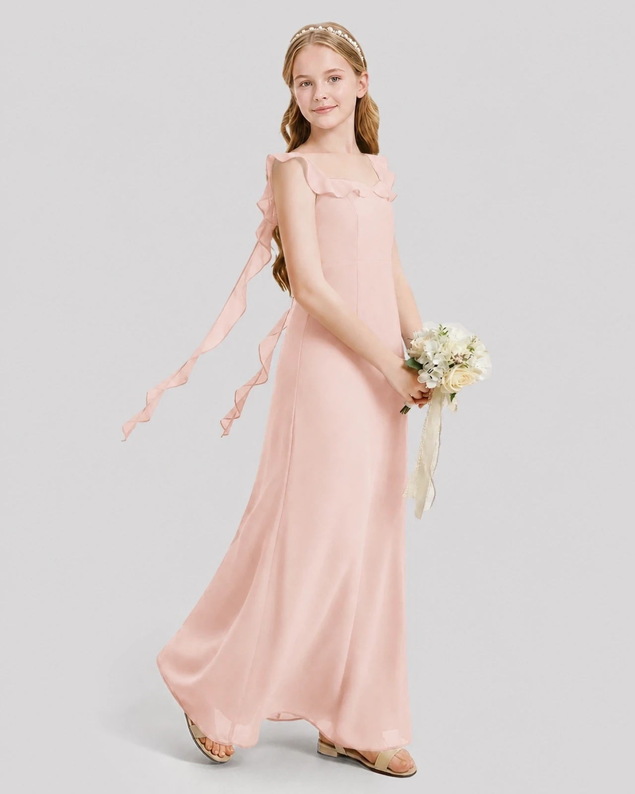 Dideyttawl Ruffle Shoulder Chiffon Junior Bridesmaid Dress
