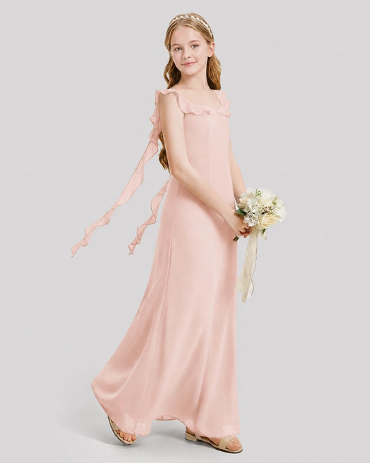 Blush Pink Chiffon Ruffled Strap A-Line Junior Bridesmaid Dresses Side View