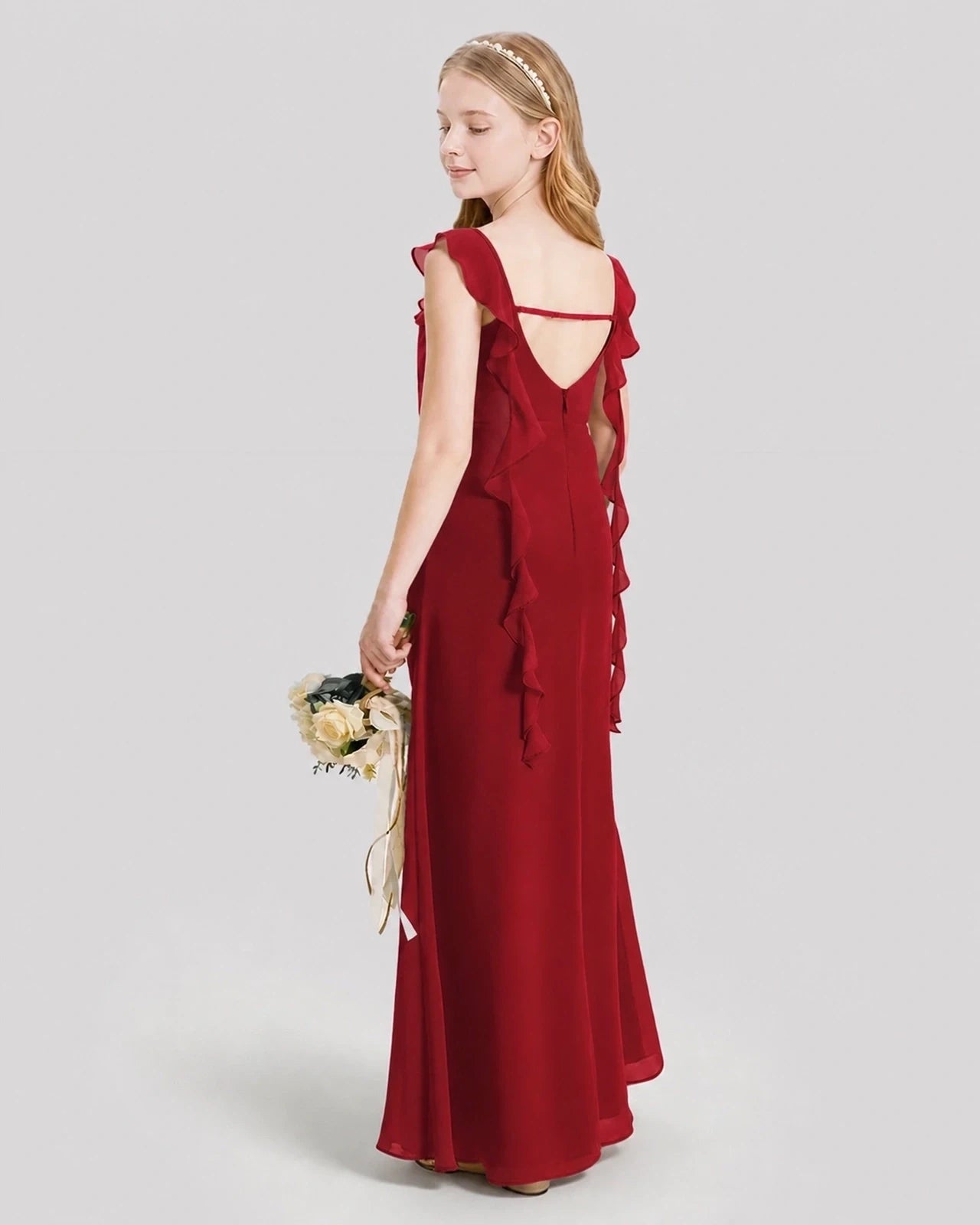 Dideyttawl Ruffle Shoulder Chiffon Junior Bridesmaid Dress