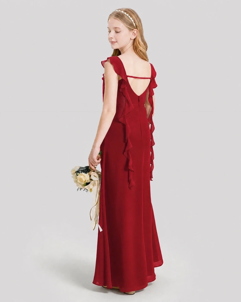 Burgundy Chiffon Ruffle Straps Junior Bridesmaid Dresses Back View