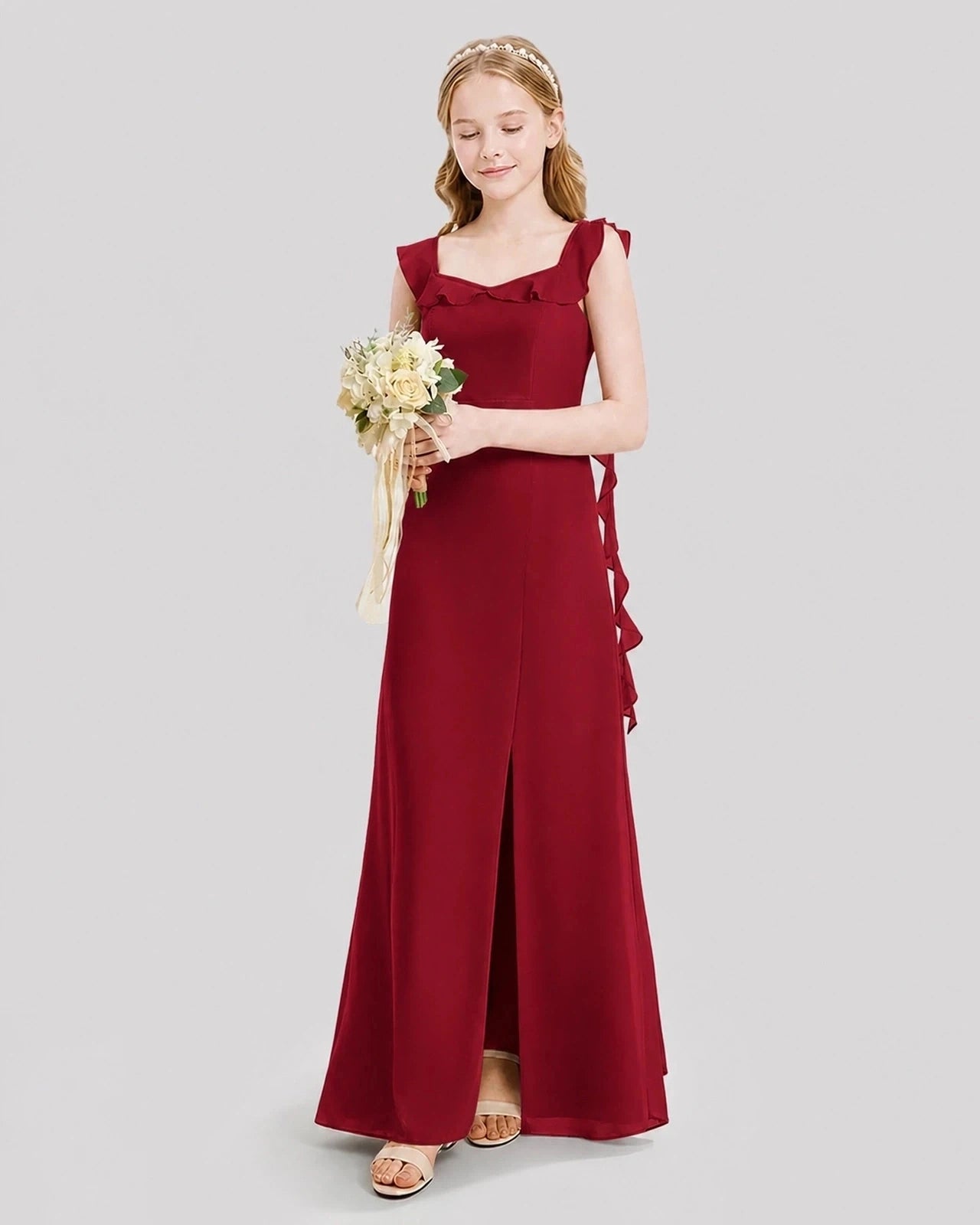 Dideyttawl Ruffle Shoulder Chiffon Junior Bridesmaid Dress