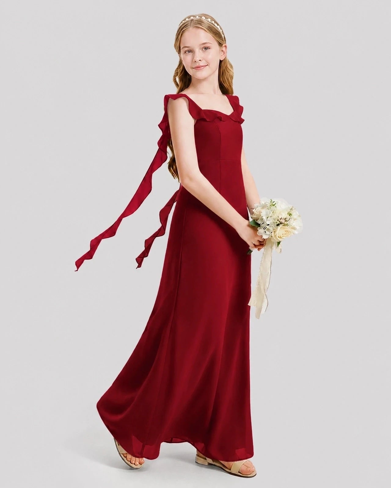 Dideyttawl Ruffle Shoulder Chiffon Junior Bridesmaid Dress