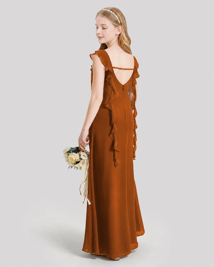 Dideyttawl Ruffle Shoulder Chiffon Junior Bridesmaid Dress