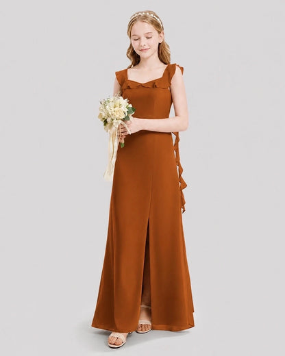 Dideyttawl Ruffle Shoulder Chiffon Junior Bridesmaid Dress