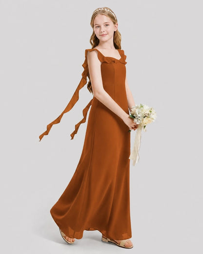 Dideyttawl Ruffle Shoulder Chiffon Junior Bridesmaid Dress