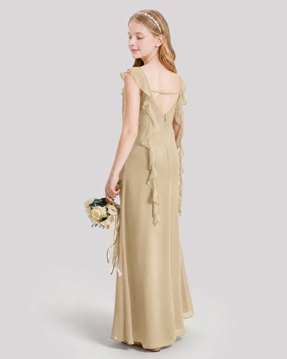 Dideyttawl Ruffle Shoulder Chiffon Junior Bridesmaid Dress