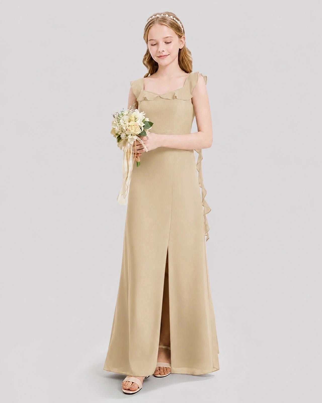 Dideyttawl Ruffle Shoulder Chiffon Junior Bridesmaid Dress
