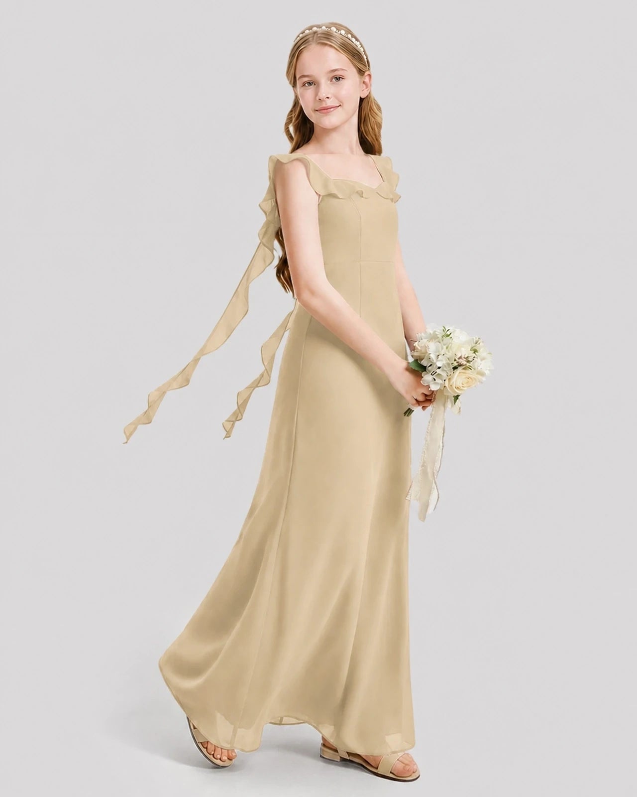 Dideyttawl Ruffle Shoulder Chiffon Junior Bridesmaid Dress