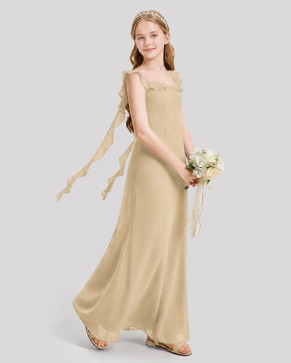 Dideyttawl Ruffle Shoulder Chiffon Junior Bridesmaid Dress