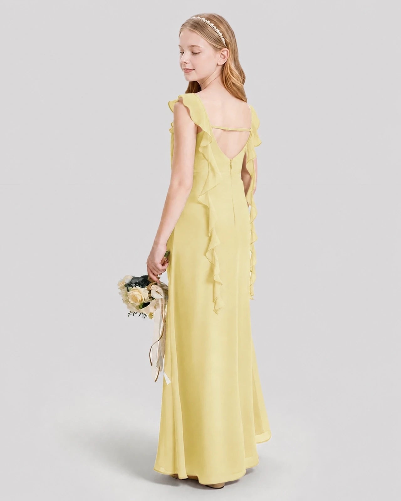 Dideyttawl Ruffle Shoulder Chiffon Junior Bridesmaid Dress