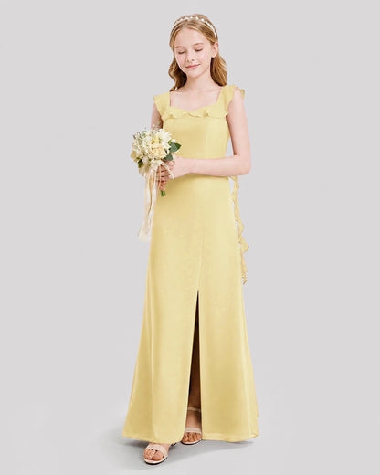 Dideyttawl Ruffle Shoulder Chiffon Junior Bridesmaid Dress