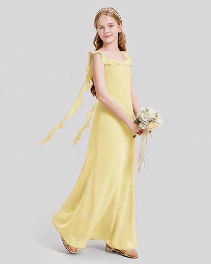 Dideyttawl Ruffle Shoulder Chiffon Junior Bridesmaid Dress