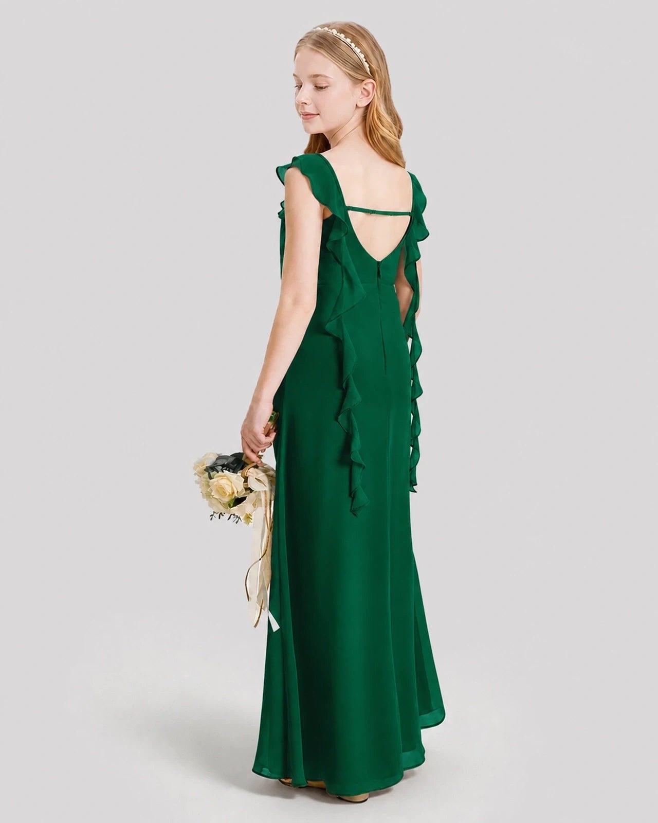 Dideyttawl Ruffle Shoulder Chiffon Junior Bridesmaid Dress